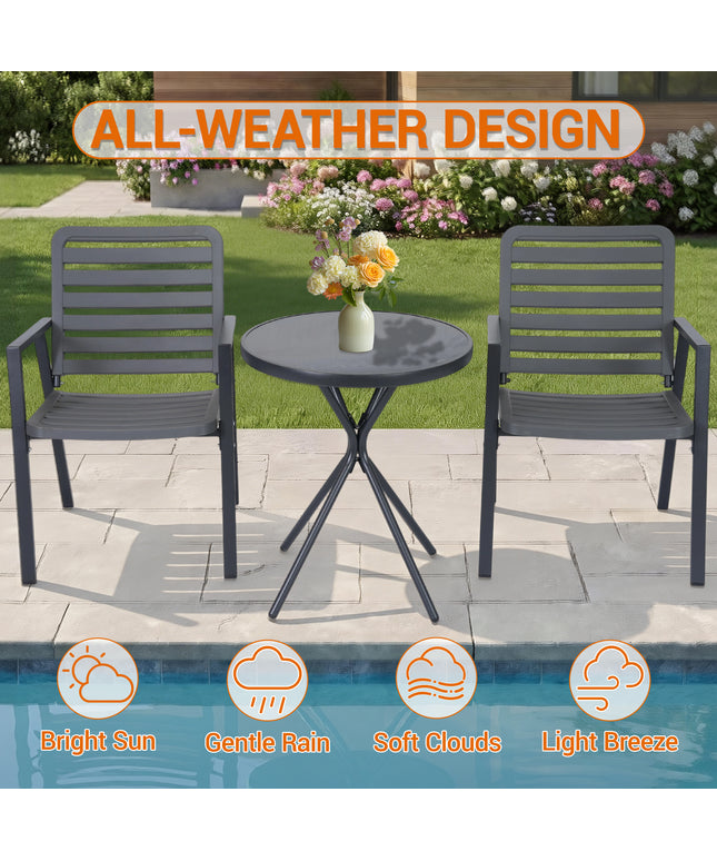 Jonpony 3 Pieces Bistro Table and Chairs, Waterproof Patio Furniture Set, All-Weather Outdoor Table and Chairs, Balcony Furniture for Porch, Yard, Garden, Grey