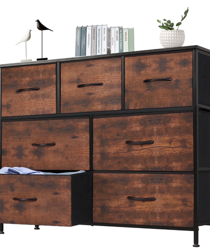 JONPONY 7 Drawer Dresser, Nightstand Storage Wide Chest of Dressers for Living Room, Bedroom, Hallway