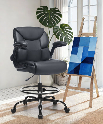 JONPONY Tall Office Chair for Standing Desk, Ergonomic High Leather Executive Office Chair with Flip-up Armrest,and Adjustable Foot Ring for Counter Height Desk,Black
