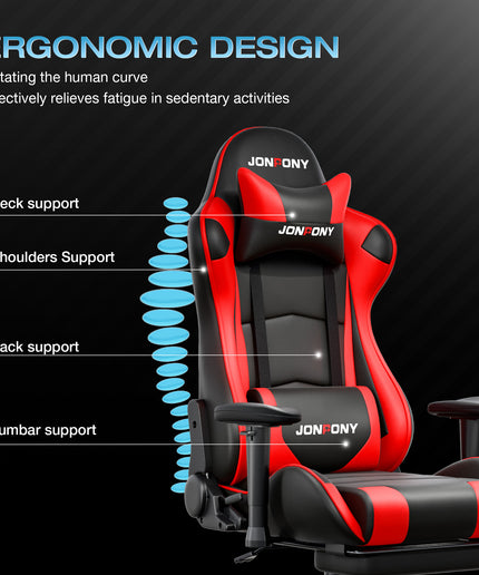 JONPONY Big and Tall 500LBS Gaming Chair, Ergonomic Design, Gamer Chair PU Leather with Footrest and Lumbar Support, High Back Office Chair Support 8 Hours Long Sitting,Red Computer Chair,Red