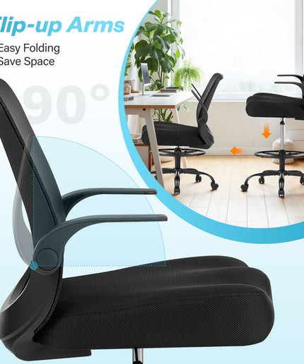 JONPONY 450LBS Office Drafting Chair, Executive Rolling Swivel Chair with Adjustable Foot Ring and Flip-Up Arms, Comfy Extra Deep W-Shape Thicken Cushion, Breathable Mesh Standing Desk Chair, Black