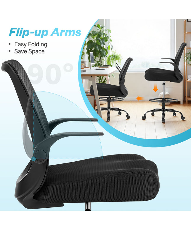 JONPONY 450LBS Office Drafting Chair, Executive Rolling Swivel Chair with Adjustable Foot Ring and Flip-Up Arms, Comfy Extra Deep W-Shape Thicken Cushion, Breathable Mesh Standing Desk Chair, Black