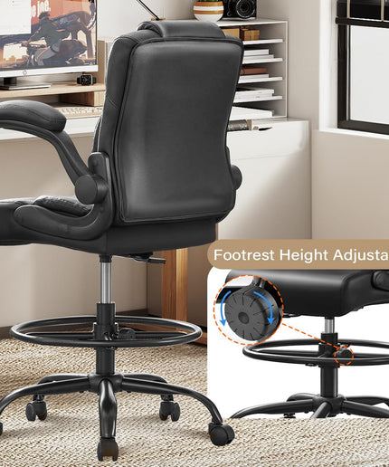 JONPONY 500 lbs Tall Office Chair with Flip-up Armrests for Standing Desk Executive Ergonomic Computer Leather Desk Chair with Lumbar Support, Adjustable Foot Ring for Home,Black