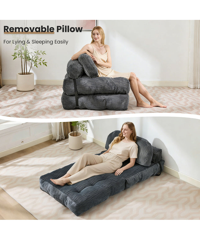 JONPONY Folding Sofa Bed, Convertible Sleeper Chair Couch with Pillow, Foldable Mattress Futon with Back Support, Portable Sleeper Chair Bed Comfort Floor Sofa for Living Room Bedroom, Single, Grey