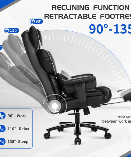 JONPONY Big and Tall Office Chair with Footrest, Executive Office Chair with Adjustable Lumbar Support, Dual Rubber Wheels, Ergonomic High Back Computer Chairs, Black