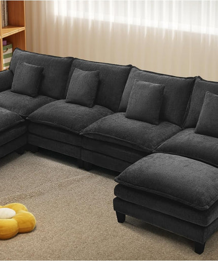 Jonpony Modular Sectional Sofa, Comfy Cloud Couch with Movable Ottoman, Deep Seat Couches for Living Room, Bedroom and Apartment, 106" U Shaped Modern Sofa with Pillows, Beige