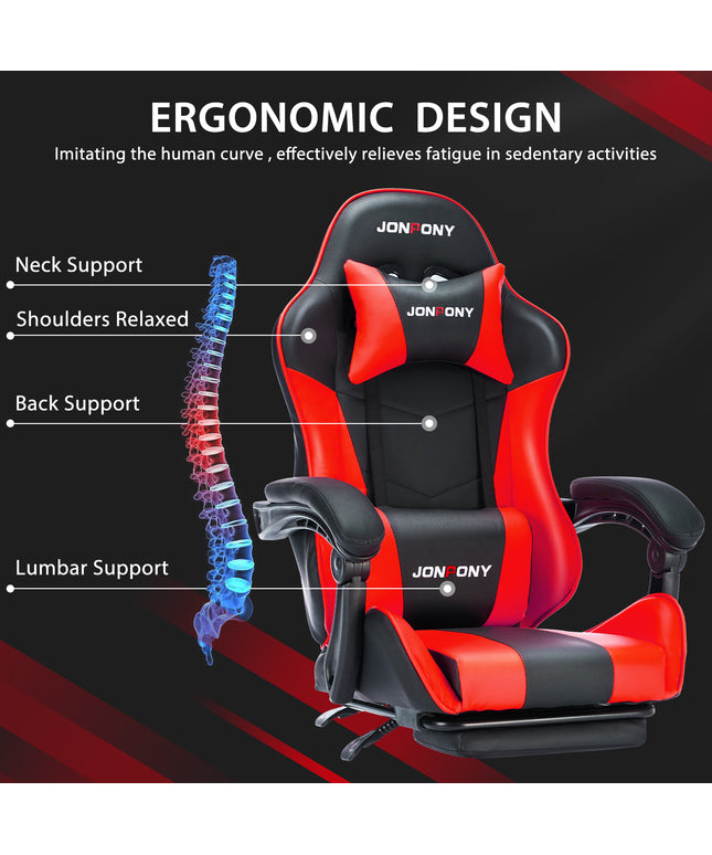 JONPONY Big and Tall 400LBS Gaming Chair, Ergonomic Design, Gamer Chair PU Leather with Footrest and Lumbar Support, High Back Office Chair Support 8 Hours Long Sitting, Computer Chair,Red