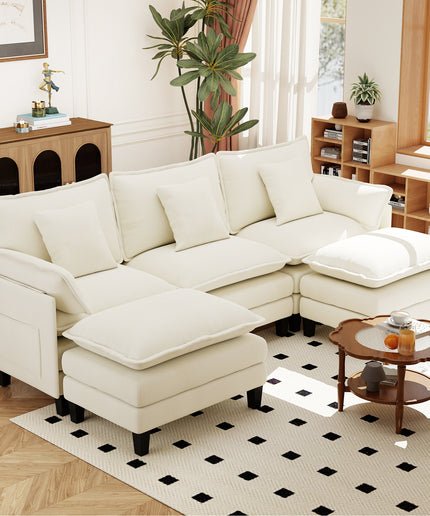 Jonpony Modular Sectional Sofa, Comfy Cloud Couch with Movable Ottoman, Deep Seat Couches for Living Room, Bedroom and Apartment, 106" U Shaped Modern Sofa with Pillows, Beige