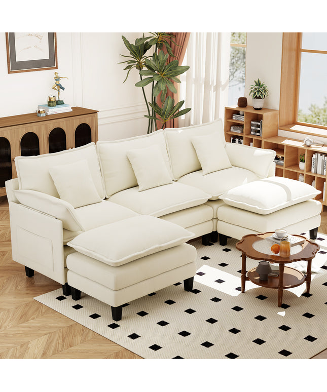 Jonpony Modular Sectional Sofa, Comfy Cloud Couch with Movable Ottoman, Deep Seat Couches for Living Room, Bedroom and Apartment, 106" U Shaped Modern Sofa with Pillows, Beige