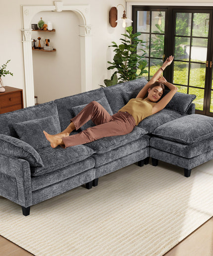 JONPONY 111" Modular Cloud Couch, L Shaped Sectional Sofa with Movable Ottoman,3 Oversized Seats Sleeper Couches for Living Room, Apartment