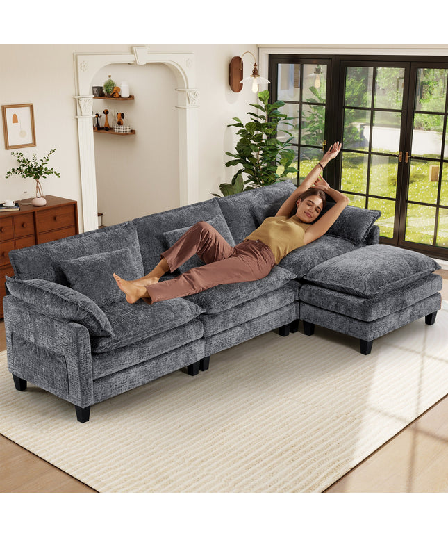 JONPONY 111" Modular Cloud Couch, L Shaped Sectional Sofa with Movable Ottoman,3 Oversized Seats Sleeper Couches for Living Room, Apartment