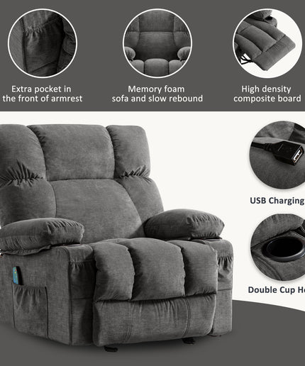 JONPONY Manual Recliner Chair with Heat Therapy and Massage Function, Heavy Duty Reclining Mechanism Massage Chair, Elderly Single Rocker Sofa with Cup Holders for Bedroom Home Theater,Grey