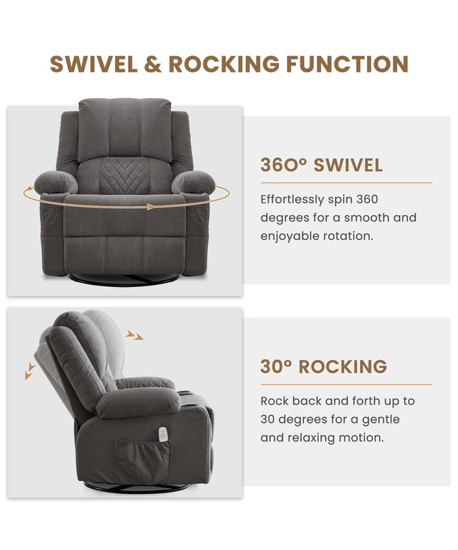 JONPONY Kneading Massage Rocker Recliner Chair with 4-Point 3D Kneading Massage and Heat Ergonomic Lounge Chair for Living Room with Rocking Function and 2 Cup Holders, USB Charge Port,Grey