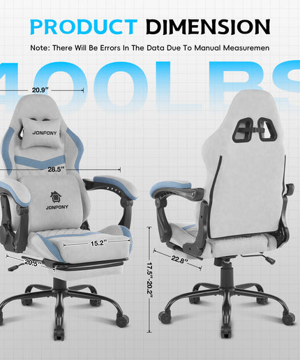 JONPONY Big and Tall Gaming Chair, Computer Chair with Footrest and Massage Lumbar Support, Height Adjustable Game Chair with Headrest and Swivel Seat，GREY