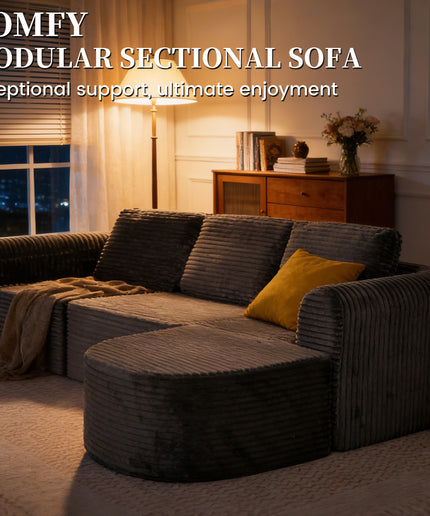 Jonpony 108” Modular Sectional Sofa, Boneless Couches for Living Room, Deep Seat L-Shape Cloud Couch with Chaise, Comfy Sofa Freely Change Configurations No Assembly Required, Soft Plush Corduroy Fabric