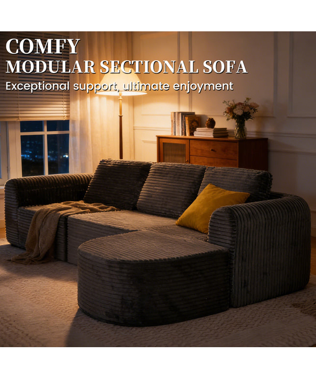 Jonpony 108” Modular Sectional Sofa, Boneless Couches for Living Room, Deep Seat L-Shape Cloud Couch with Chaise, Comfy Sofa Freely Change Configurations No Assembly Required, Soft Plush Corduroy Fabric