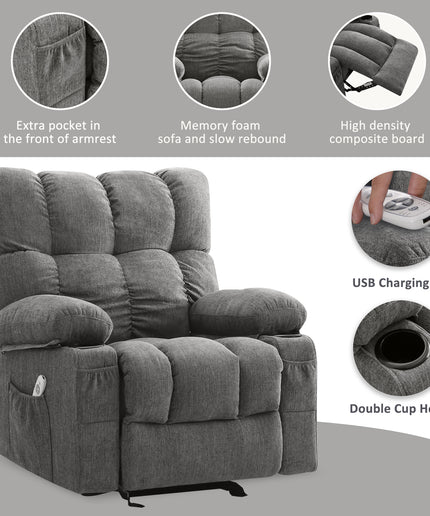 JONPONY Recliner Chair, Swivel Rocker Recliner Chair for Adults, Upholstered Manual Recliner with Side Pockets,Elderly Single Rocker Sofa with Cup Holders for Bedroom Home Theater,Grey