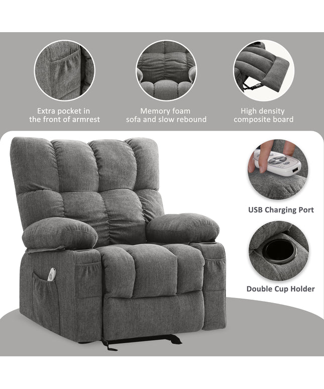 JONPONY Manual Recliner Chair with Heat Therapy and Massage Function, Heavy Duty Reclining Mechanism Massage Chair, Elderly Single Rocker Sofa with Cup Holders for Bedroom Home Theater,Grey