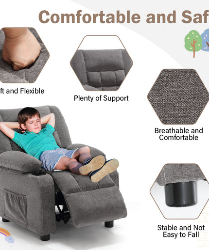 JONPONY Kids Recliner Chair,Push Back Toddler Recliner with Cup Holders & Side Pockets,Adjustable Footrest & Headrest Kids Sofa for Boys Girls 3+ Age Group, Grey