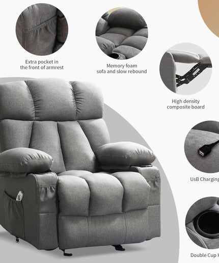 JONPONY Heated Manual Massage Recliner with Cup Holder, Single Rocker Sofa with Cup Holders for Bedroom Home Theater, Gray