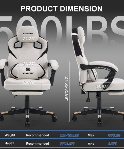 JONPONY Gaming Chair,500LBS Fabric Gamer Chair with footrest for Adults, High Back Ergonomic Computer Game Chair with Adjustable Headrest and Lumbar Support,White