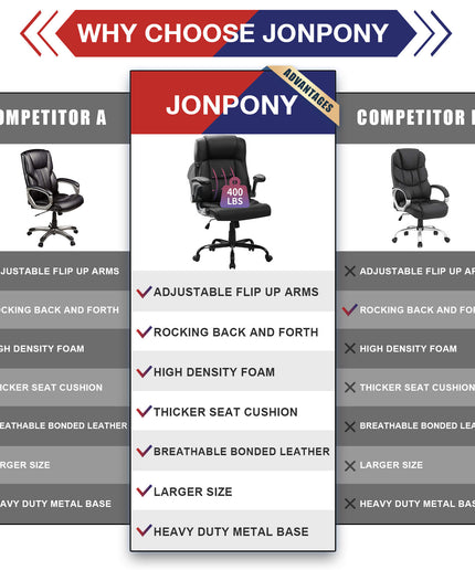 JONPONY Big and Tall Office Chair 400LBS Wide Seat Ergonomic Computer Desk Chair High Back Executive Leather Chair Adjustable Task Chair Lumbar Back Support 8 Hours Heavy Duty Design,9189,Black