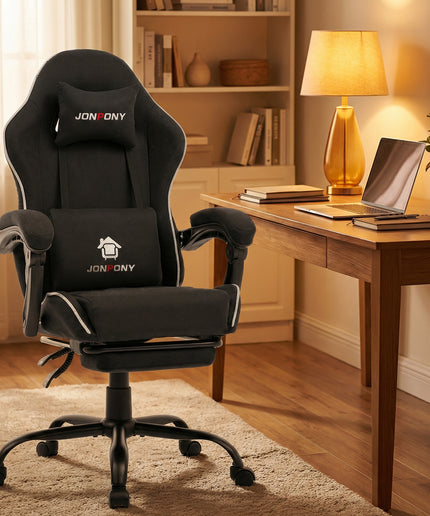 JONPONY Gaming Chair,400LBS Fabric Gamer Chair with footrest for Adults, High Back Ergonomic Computer Game Chair with Adjustable Headrest and Lumbar Support,Black