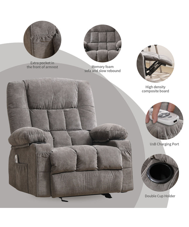JONPONY Recliner Chair, Swivel Rocker Recliner Chair for Adults, Upholstered Manual Recliner with Side Pockets,Massage Swivel Rocker Recliner Chair for Living Room, Grey