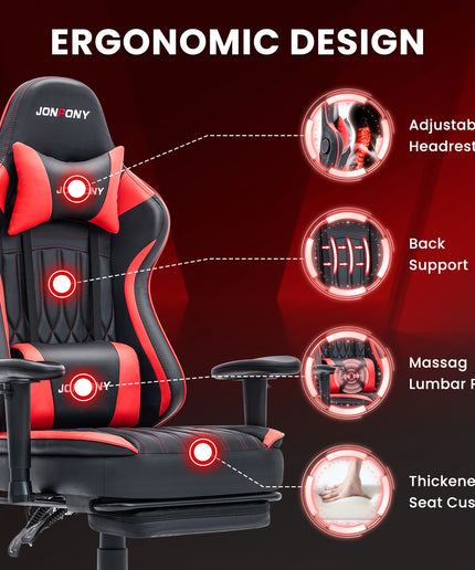 JONPONY Big and Tall 400lbs Gaming Chair with Bluetooth Speakers, Gamer Chair with Footrest and Lumbar Support & 360-Swivel Seat, Ergonomic Gamer Chair with Headrest, Red