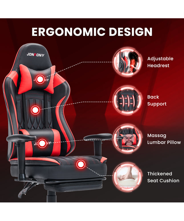 JONPONY Big and Tall 400lbs Gaming Chair with Bluetooth Speakers, Gamer Chair with Footrest and Lumbar Support & 360-Swivel Seat, Ergonomic Gamer Chair with Headrest, Red