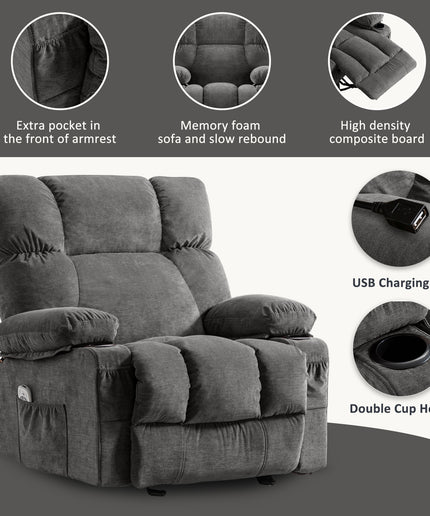 JONPONY Manual Recliner Chair with Heat Therapy and Massage Function, Heavy Duty Reclining Mechanism Massage Chair, Elderly Single Rocker Sofa with Cup Holders for Bedroom Home Theater,Grey