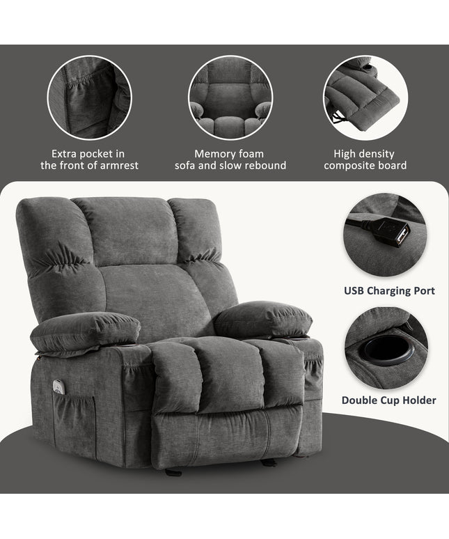 JONPONY Manual Recliner Chair with Heat Therapy and Massage Function, Heavy Duty Reclining Mechanism Massage Chair, Elderly Single Rocker Sofa with Cup Holders for Bedroom Home Theater,Grey