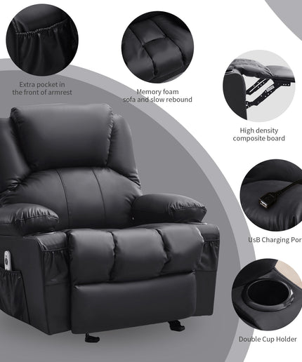 JONPONY Manual Recliner Chair with Heat Therapy and Massage Function, Heavy Duty Reclining Mechanism Massage Chair, Elderly Single Rocker Sofa with Cup Holders for Bedroom Home Theater,Black