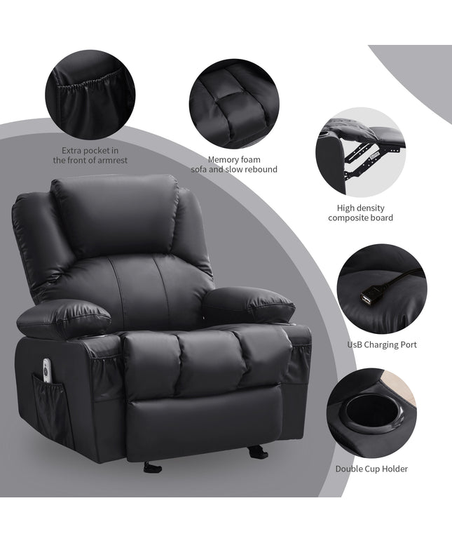 JONPONY Massage Swivel Rocker Recliner Chair with Vibration Massage and Heat Ergonomic Lounge Chair for Living Room with Rocking Function and Side Pocket, 2 Cup Holders, USB Charge Port,Black