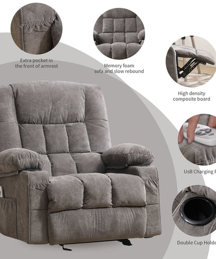 JONPONY Manual Recliner Chair with Heat Therapy and Massage Function, Heavy Duty Reclining Mechanism Massage Chair, Elderly Single Rocker Sofa with Cup Holders for Bedroom Home Theater,Grey