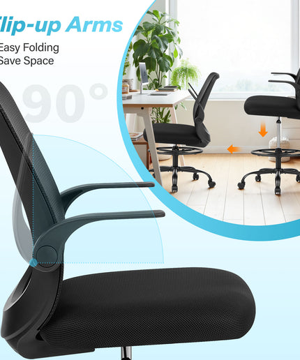 JONPONY 450LBS Office Drafting Chair, Executive Rolling Swivel Chair with Adjustable Foot Ring and Flip-Up Arms, Comfy Thicken Cushion, Breathable Mesh Standing Desk Chair, Black