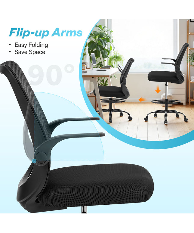 JONPONY 450LBS Office Drafting Chair, Executive Rolling Swivel Chair with Adjustable Foot Ring and Flip-Up Arms, Comfy Thicken Cushion, Breathable Mesh Standing Desk Chair, Black