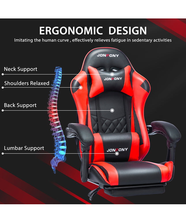 JONPONY Big and Tall 400LBS Gaming Chair, Ergonomic Design, Gamer Chair PU Leather with Footrest and Lumbar Support, High Back Office Chair Support 8 Hours Long Sitting, Computer Chair,Red
