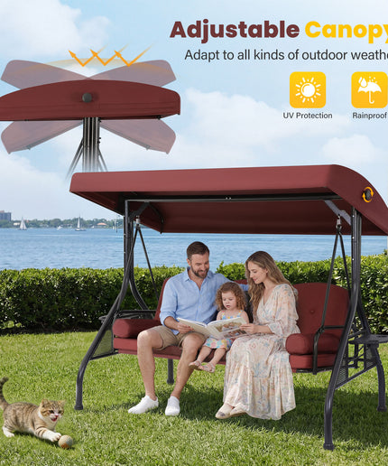 JONPONY 3-Seat Outdoor Patio Swing with Stand 800LBS, 2-in-1 Convertible Swing Bed, Adjustable Canopy Removable Cushion for Yard Garden Deck