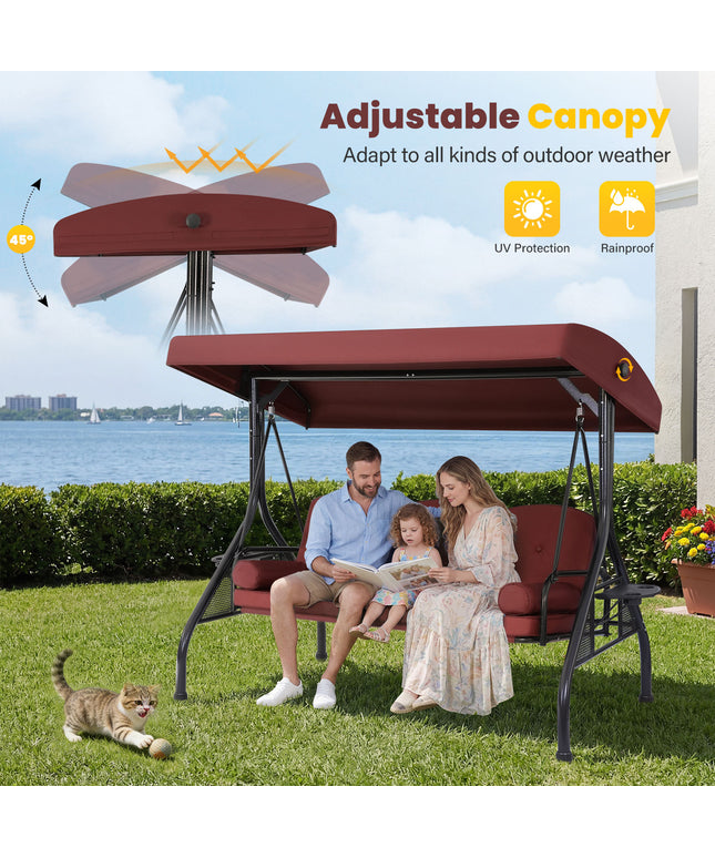 JONPONY 3-Seat Outdoor Patio Swing with Stand 800LBS, 2-in-1 Convertible Swing Bed, Adjustable Canopy Removable Cushion for Yard Garden Deck