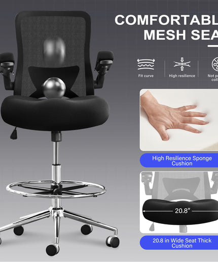JONPONY 500lbs Tall Drafting Chair for Standing Desk with Flip-up Armrests, Pressure Locking Casters, W-Shape Thicken Cushion, Breathable Mesh Extended Height Office Chairs,Black