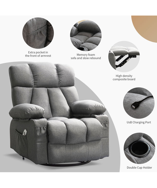JONPONY Manual Recliner Chair with Heat Therapy and Massage Function, Heavy Duty Reclining Mechanism Massage Chair, Elderly Single Rocker Sofa with Cup Holders for Bedroom Home Theater,Grey, B1273