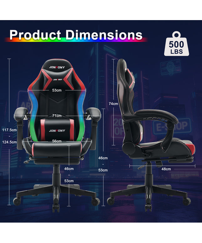 JONPONY Gaming Chair,Racing Style RGB LED Lights,Ergonomic Video Game Chair with Footrest and Lumbar Support ,High Back Reclining Computer Chair for Adults