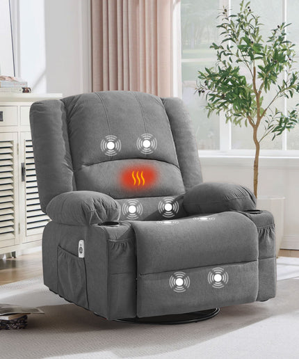 JONPONY Heated Manual Massage Recliner with 360° Swivel Rocker, Comfy Single Sofa with Side Pockets and Cup Holders for Living Room, Bedroom, and Home Theater