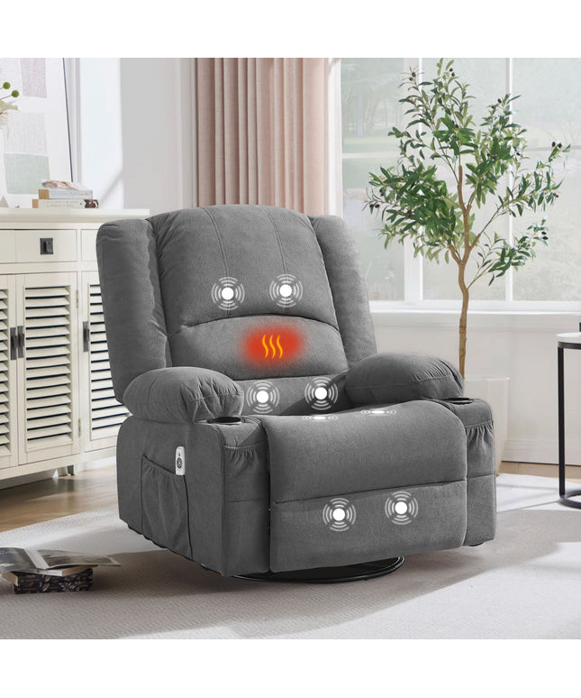 JONPONY Heated Manual Massage Recliner with 360° Swivel Rocker, Comfy Single Sofa with Side Pockets and Cup Holders for Living Room, Bedroom, and Home Theater