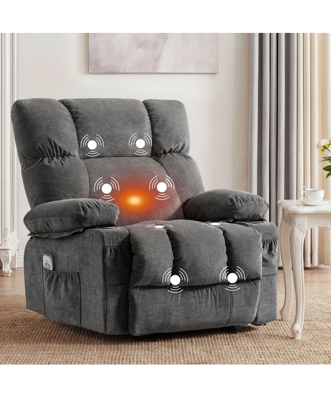 JONPONY Manual Recliner Chair with Heat Therapy and Massage Function, Heavy Duty Reclining Mechanism Massage Chair, Elderly Single Rocker Sofa with Cup Holders for Bedroom Home Theater,Grey