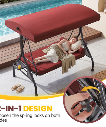 JONPONY 3-Seat Outdoor Patio Swing with Stand 800LBS, 2-in-1 Convertible Swing Bed, Adjustable Canopy Removable Cushion for Yard Garden Deck