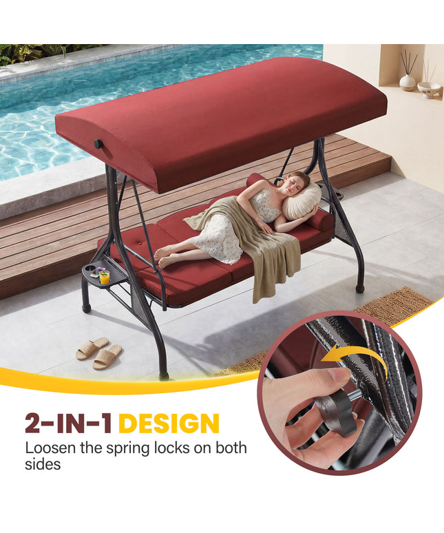 JONPONY 3-Seat Outdoor Patio Swing with Stand 800LBS, 2-in-1 Convertible Swing Bed, Adjustable Canopy Removable Cushion for Yard Garden Deck