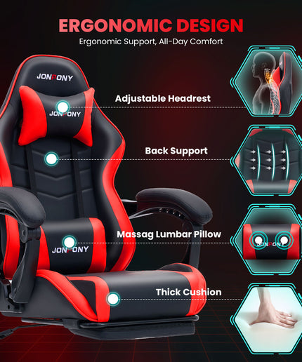 JONPONY 500LBS Big & Tall Gaming Chair, Ergonomic High-Back Gamer Chair with Footrest Lumbar Support, PU Leather Office Computer Chair for Long Sitting, Red
