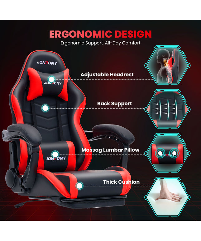 JONPONY 500LBS Big & Tall Gaming Chair, Ergonomic High-Back Gamer Chair with Footrest Lumbar Support, PU Leather Office Computer Chair for Long Sitting, Red